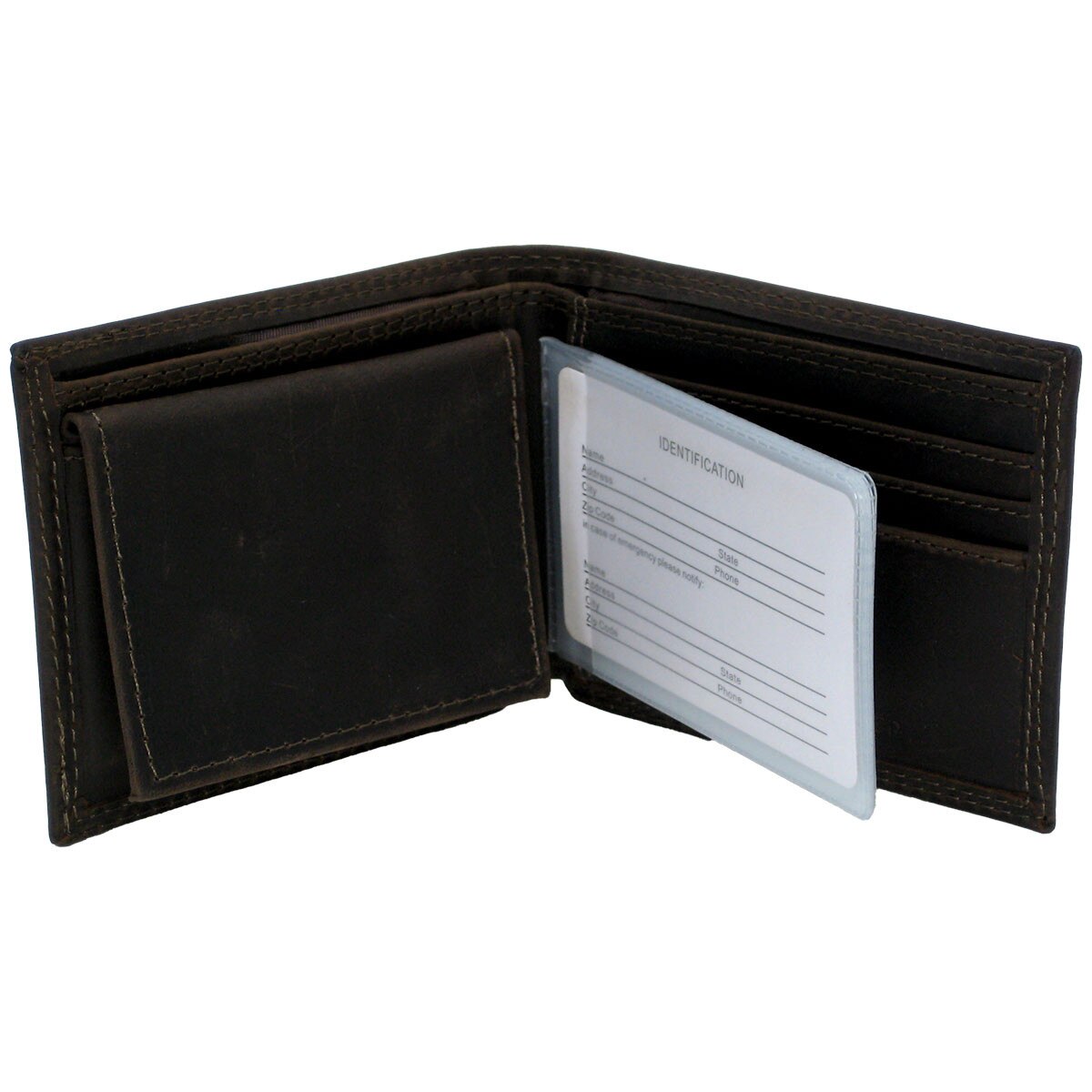open brown leather bi-fold wallet